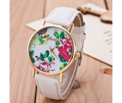 Fashion Jewelery Hodinky bílé s květinovým vzorem - Hodinky bílé s květinovým vzorem