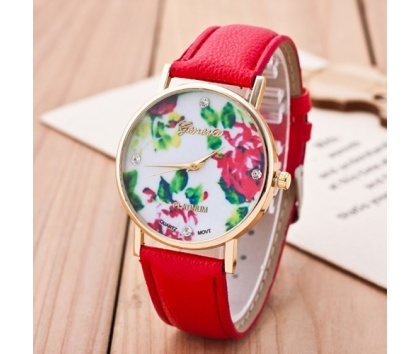 Fashion Jewelery Hodinky červené s květinovým vzorem - Hodinky červené s květinovým vzorem